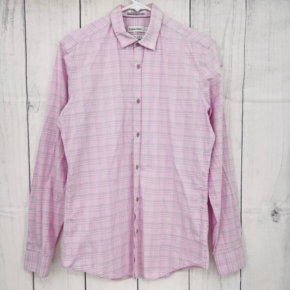 Calvin Klein SMALL (14-14.5) Mens Pink Plaid Non Iron Fit Button Up Dress Shirt - Picture 1 of 10